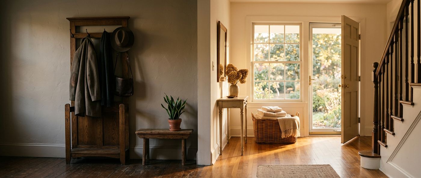 Panoramic residential entryway with a softly shadowed oak coat rack flowing into a sunlit foyer with a wicker basket of fresh folded linens