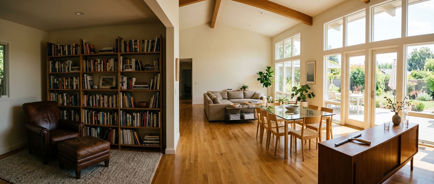 Panoramic open-plan residential home with a shadowed leather armchair and bookshelf transitioning into a sunlit dining area with a spotless glass table