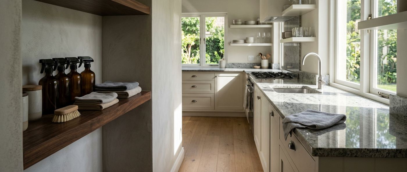 Panoramic residential kitchen scene transitioning from a softly shadowed shelf of amber spray bottles and folded microfiber cloths into a sunlit granite countertop