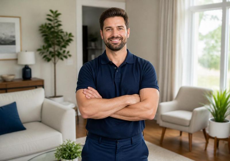 Uniformed Eagle Maids technician wearing an ID badge in a bright home entryway