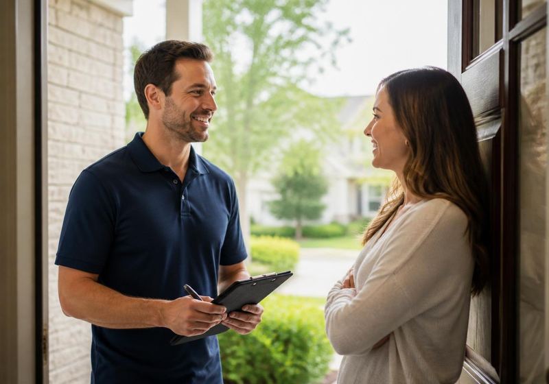 Eagle Maids owner greeting a happy homeowner at the front door